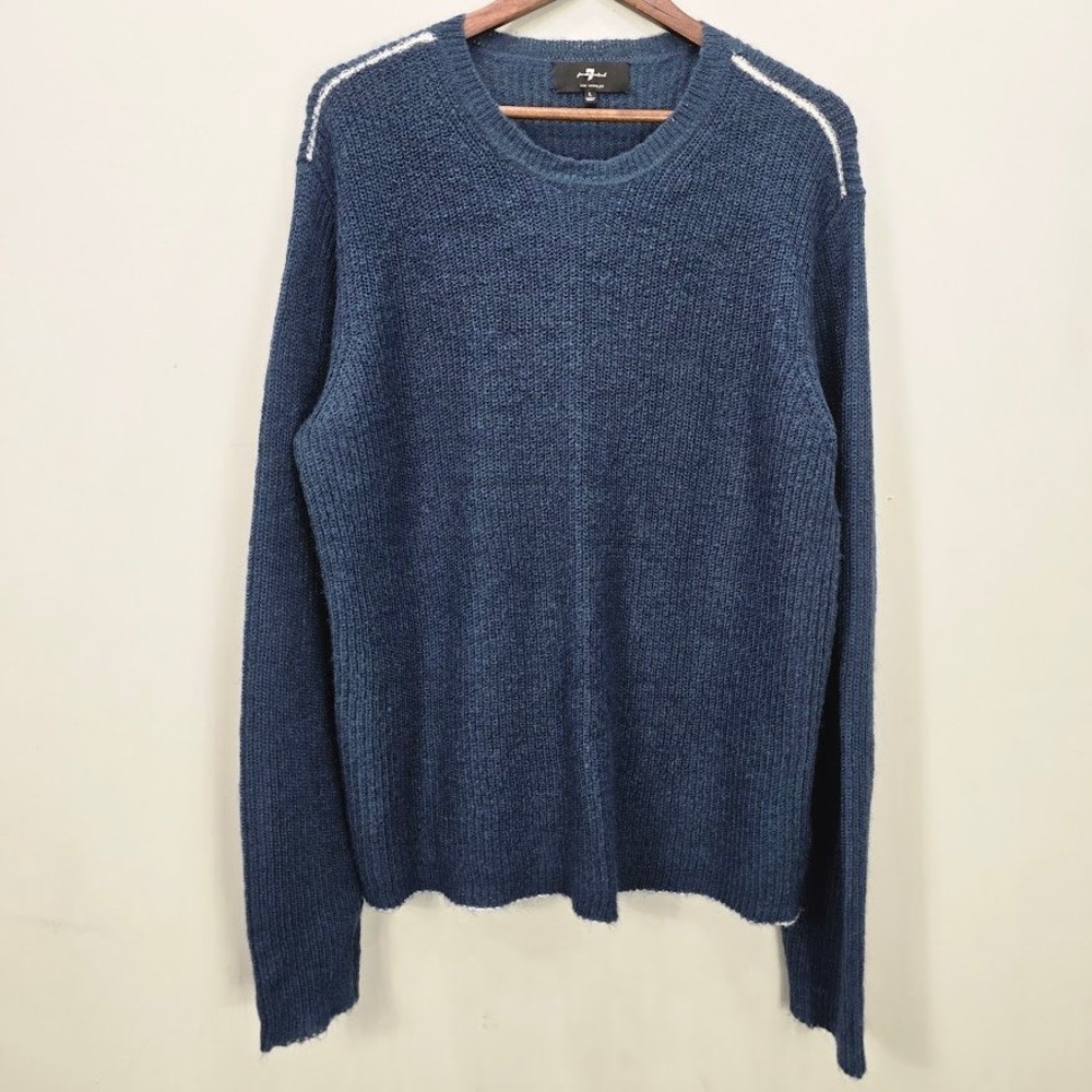 7 For All Mankind Knit Sweater L Blue Crew Neck Mohair Blend Pullover‎ Retro